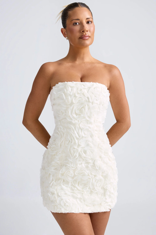 Floral-Appliqué Bandeau A-Line Mini Dress in White - UK Size:10